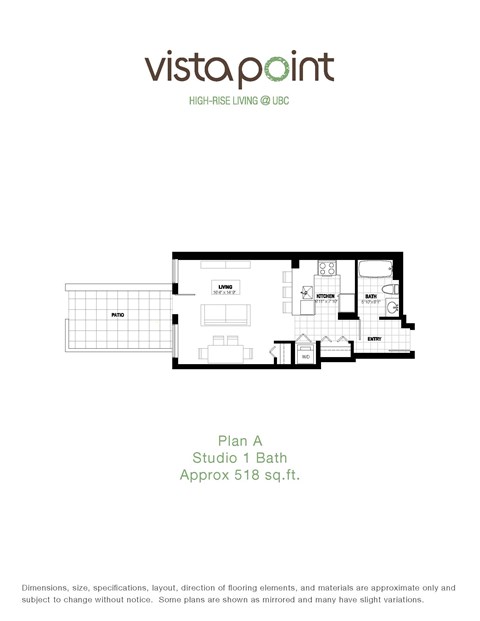 Floor plan for studio, 1 bath, 524 sqft